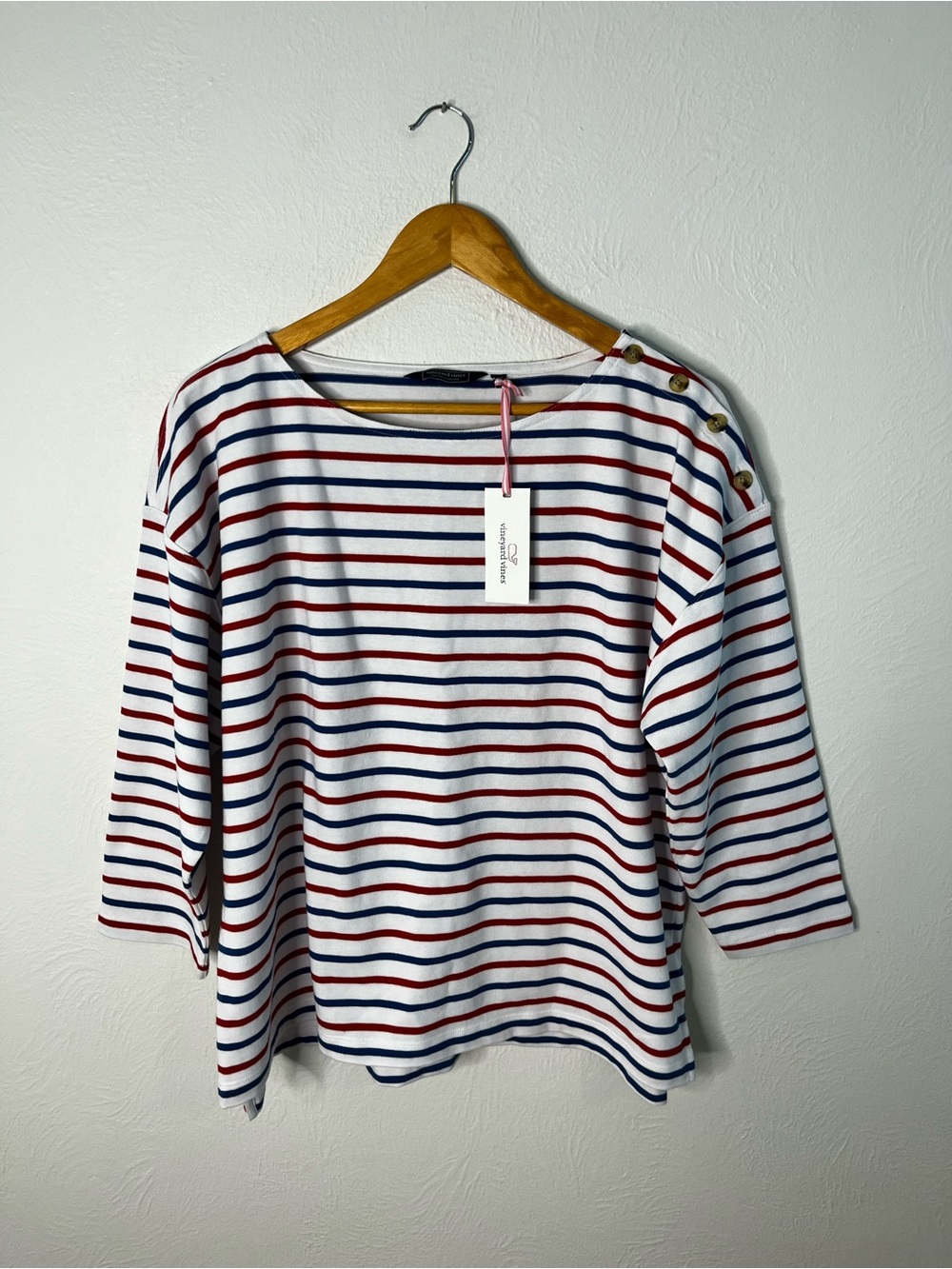 Vineyard Vines Striped Button-Shoulder Top - White, Navy & Red- NWT- Size L